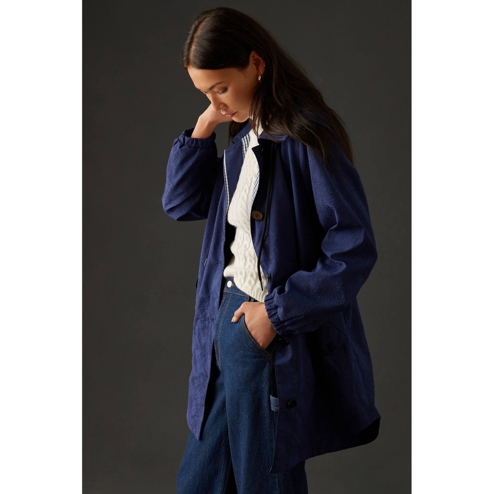 NWT Maeve Anthropologie Navy Blue Textured Hooded Anorak Softshell Jacket Medium - Picture 6 of 13